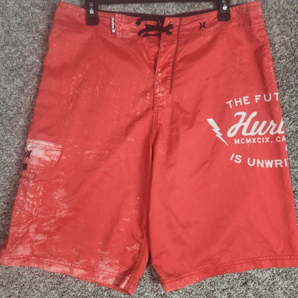 Hurley Mens Boardshorts Red Digital Pixel Shorts Pockets Surf Swim Trunks Sz 32